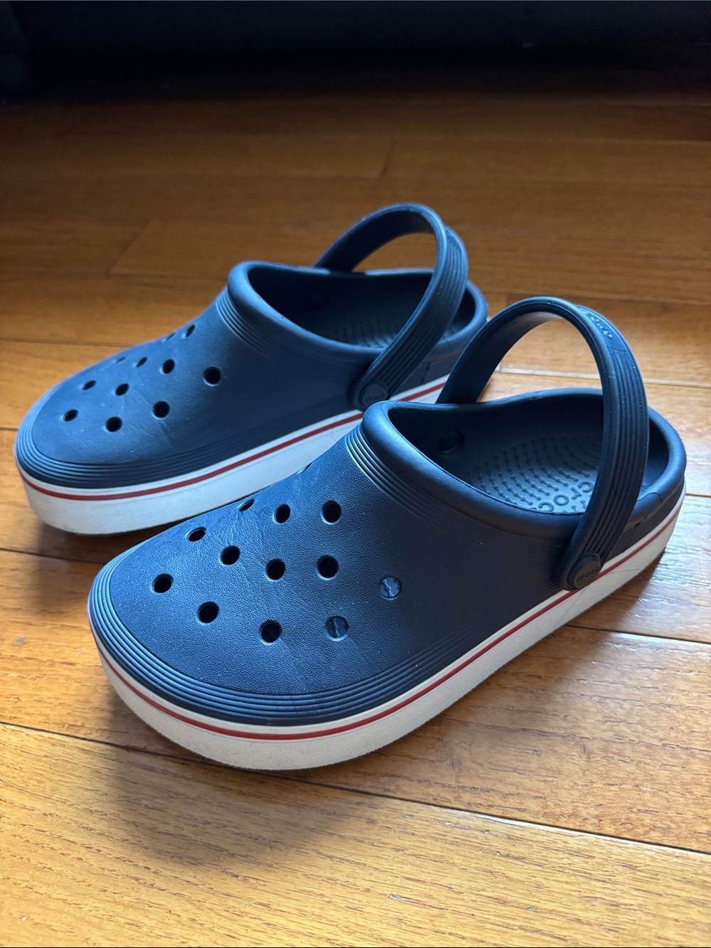 Navy Clog Sandals with White Platform Stripe